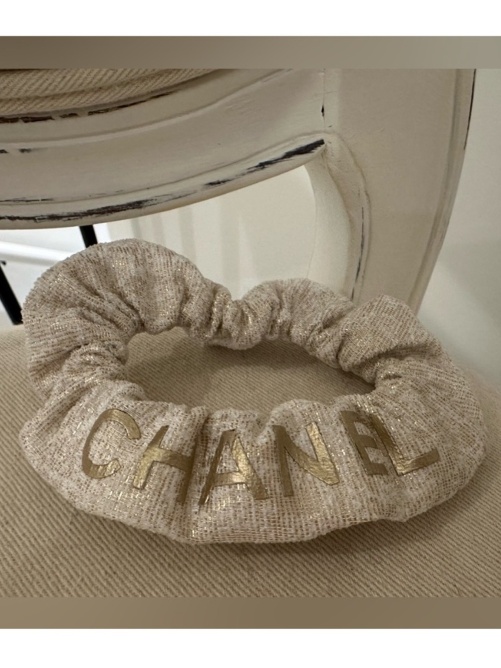 Beige Tweed Hair Accessory with Gold Chanel Lettering NWOT